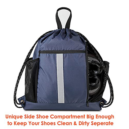 BeeGreen Gym-Drawstring-Backpack-Bag With Shoe Compartment and Two Water Bottle Holder Large String Backpack Sports Bag Athletic Sackpack For Men Women - color: Navy, style: Drawstring With Shoe Compartment