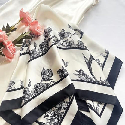 FONYVE Silk Feeling Scarf Medium Square Satin Head Scarf for Women 27.5 × 27.5 inches - color: 03 Black & White Flowers