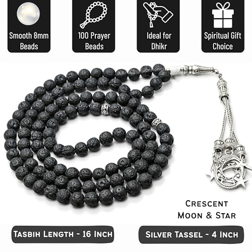 Amazing Gemstone Lava Stone Tasbeeh with Moon and Star Charm - Certified Crystal Muslim Prayer Beads Natural Gemstone Tasbih Gift for Ramadan Dhikr and Daily Namaz (S) - color: Lava Stone