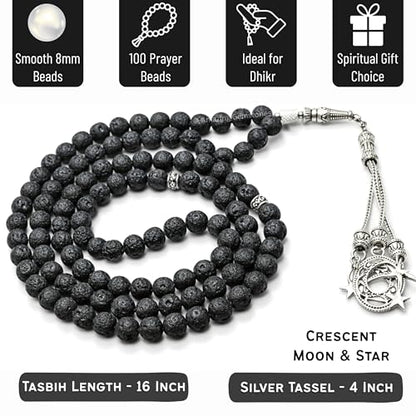 Amazing Gemstone Lava Stone Tasbeeh with Moon and Star Charm - Certified Crystal Muslim Prayer Beads Natural Gemstone Tasbih Gift for Ramadan Dhikr and Daily Namaz (S) - color: Lava Stone