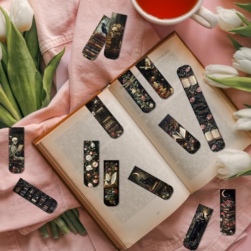 Wxiben Dark Academia Magnetic Bookmark - 30 Pcs Gothic Flower Book Mark Magnets Retro Aesthetic Bookmarks Magnetic Skull Plants Dragonfly Book Markers Page Clip for Women Students Teacher Reading Gift - style: Dark Academia