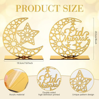 2 Pieces Acrylic Ramadan Decorations Islamic Eid Mubarak Kareem Table Sign Moon Hollow Star Ornament for Muslim Party Tabletop Decor Home Art Craft Decoration Golden Moon - style: Star