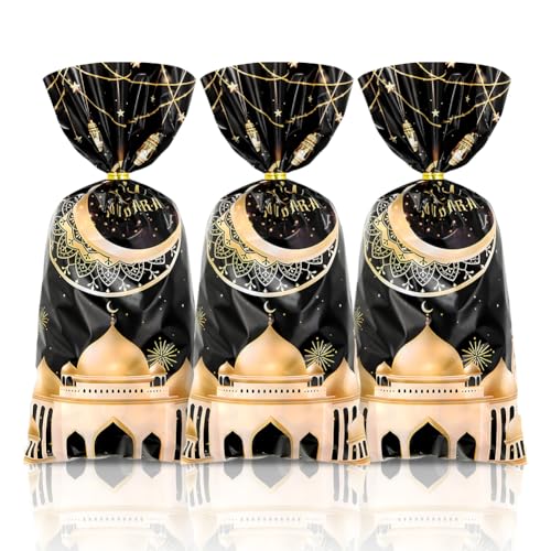 Boerni Eid Mubarak Cellophane Goodie Bags,50Pcs Castle Moon Star Pattern Treat Bags Ramadan Theme Candy Bags with Gold Twist Ties for Muslim Islamic Eid Iftar Diwali arty Favor Supplies