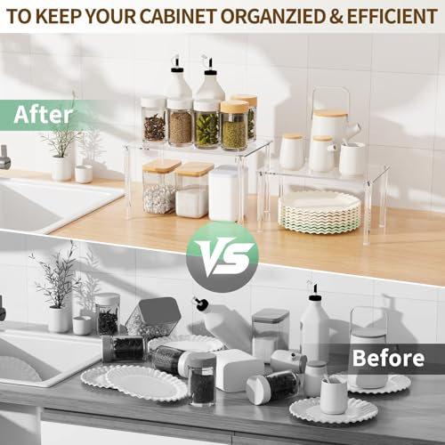 4Pack Acrylic Cabinet Organizer, Clear Cabinet Organizer Shelf, Spice Rack Organizer for Cabinet for Dishes, Spices, Soda Cans and Bottles, Stackable Shelves House Essentials for Gift