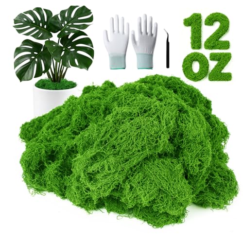 MGLIFEUL 12OZ Fake Green Moss for Plants Indoor with Gloves and Tweezers | Artificial Faux Moss for Craft DIY Table Centerpieces Living Walls Fairy Garden Indoor Outdoor Home Decorating Model Making - color: Emerald Green, size: 12oz