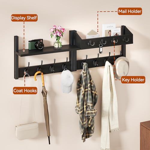 YMYNY 31.5" Coat Rack Wall Mount with Shelf, 4 in 1 Key and Coat Hanger with 12 Metal Hooks, Wall Shelf with Hooks & Mail Holder for Living Room, Bedroom, Black, HWS007B-2 - color: Black, size: 31.5" - 4-in-1