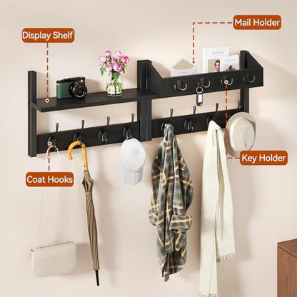 YMYNY 31.5" Coat Rack Wall Mount with Shelf, 4 in 1 Key and Coat Hanger with 12 Metal Hooks, Wall Shelf with Hooks & Mail Holder for Living Room, Bedroom, Black, HWS007B-2 - color: Black, size: 31.5" - 4-in-1