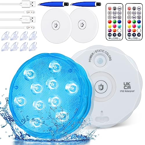 Pool Lights, Rechargeable Submersible LED Light with Strong Magnet Base,2Pc | Idealife Hot Tub Lights,RF Remote,Suction Cups & Adhesive,Waterproof RGB Color Changing,Decor for Inground Pool,Spas,Aquarium - size: 2 Packs