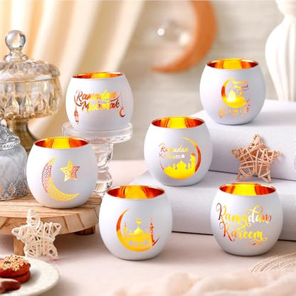 FoldTier 6 Pcs Ramadan Table Decor Ramadan Mubarak Candle Holders Glass Eid Mosque Decoration Votive Tealight Candle Holders for Muslim Gift Tabletop Centerpieces Islamic Party Home Decoration - style: Eid