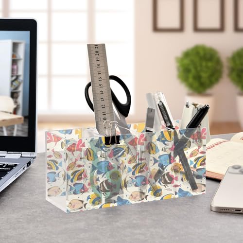 Aquarium Acrylic Pen Holder 4 Compartments Pencil Organizer and Storage Makeup Brush Holder for Home Bedroom School Office Storage
