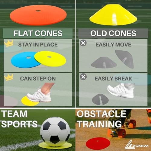 LEZER 6 Inch 8 Inch Flat Cones, Spot Markers, Soccer Cones, Field Court Markers, Sit Spots, Flat Discs, Soccer Training Equipment, Agility Practice, Football, Made in Taiwan - style: 6 inch with 48 pcs