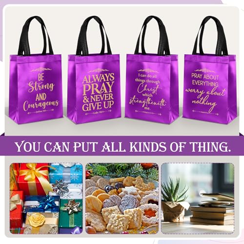 Aliceset 64 Pcs Christian Gift Bags Bulk with Handles for Church Favors Reusable Medium Bible Verse Religious Gift Bags Non Woven Welcome Totes for Baptism Vacation Bible School Gifts (Dark Purple) - color: purple, black