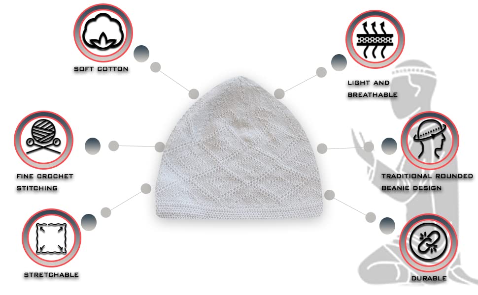 ESERRA Kufi Hats for Men - Prayer Cap, Handicraft Taqiyah, Muslim Tasbih 99 Beads, Prayer Beads - color: White