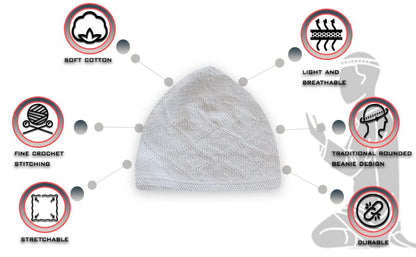 ESERRA Kufi Hats for Men - Prayer Cap, Handicraft Taqiyah, Muslim Tasbih 99 Beads, Prayer Beads - color: White