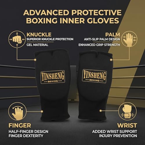 Keenso 2 Pcs Gel Knuckle Guard Boxing Gloves Hand Wraps, Anti Slip Half Finger Inner Gloves for Kickboxing with Wrist Support (Black)
