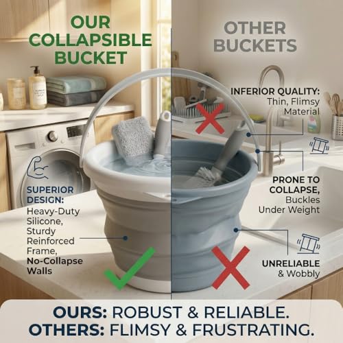 Collapsible Bucket 5L, Foldable Silicone Water Pail with Handle, Portable Space Saving Bucket for Cleaning, Camping, Car Wash, Fishing, Travel, Durable Lightweight Utility Container