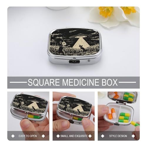 Metal 2 Compartment Pill Organizer Travel Friendly Portable Compact Pill Box Cute Pill Case to Hold Vitamins,Fish Oil,Supplements,Meds,Tablet for Purse,Pocket. (Cats and Spaceships) - color: Cats and Spaceships