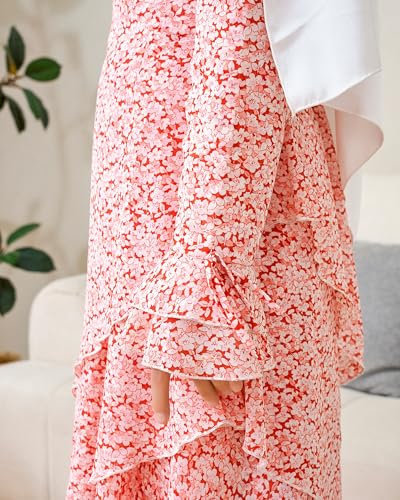 Muslim Abaya Dress for Women 3-Piece Set, Ruffle Top & Chiffon Maxi Skirt - color: Pink, size: Large