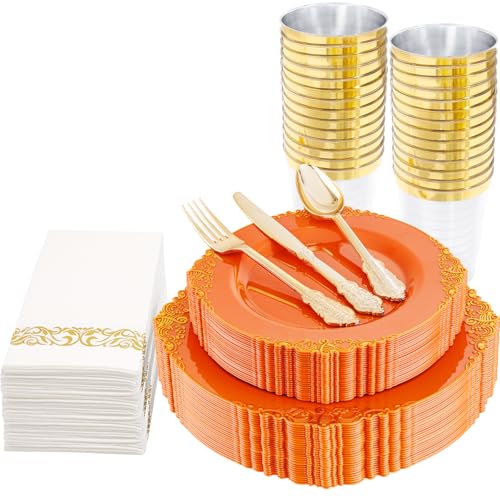Nervure 175Pcs Orange Plastic Plates, Plastic Dinnerware Set for 25 Guests - color: Orange, style: 175Pcs(25Guests)