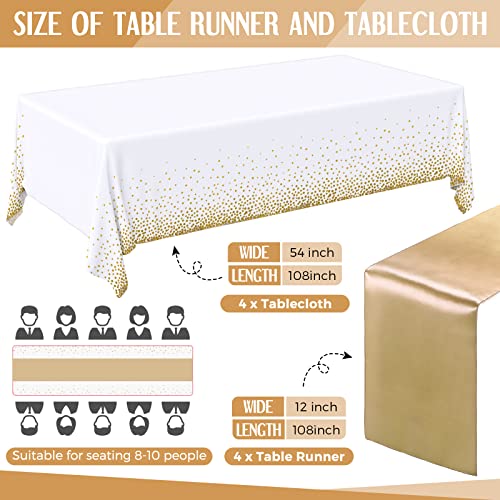 Breling 8 Pack White and Gold Disposable Plastic Tablecloths and Satin Table Runner Set, 54 x 108 Inch Tablecloth, 12 x 108 Inch Table Runners for Wedding First Communion Baby Shower Graduation - color: Gold