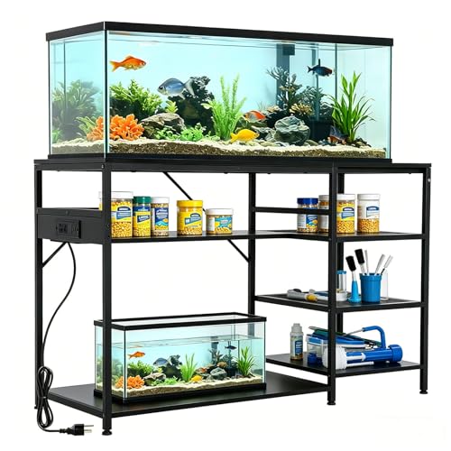 FAHKNS 55 75 Gallon Aquarium Stand with Electrical Outlet and USB Port | Heavy Duty 1200lbs Capacity, Black Steel Frame Fish Tank Stand, for Large 49 Inch Aquariums