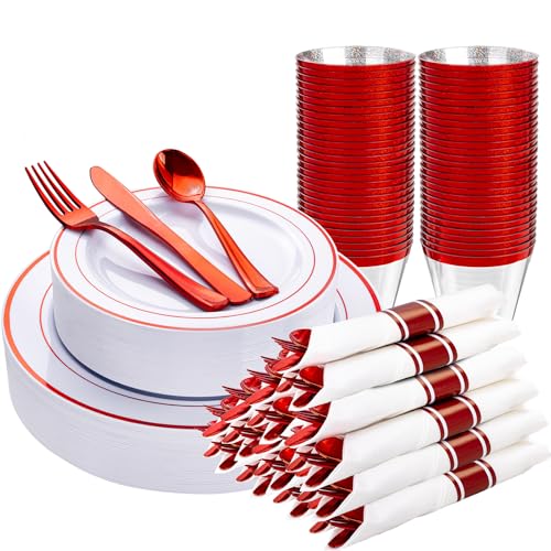 WELLIFE 210 Piece Red Plastic Dinnerware Set, Disposable Plates for Party,Include: 30 Dinner Plates, 30 Dessert Plates, 30 Pre Rolled Napkins with Gold Silverware and 30 Gold Cups - color: Red, style: 210PCS（30 Guests）
