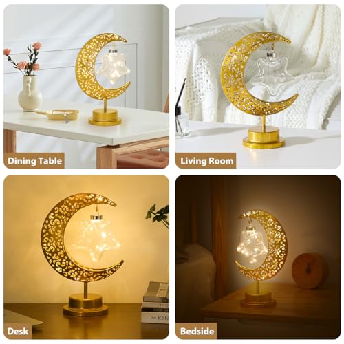 Lewondr Decorative Moon Star Table Lamp, Battery Operated Desk Warm Light | Ramadan Eid Mubarak Festival Decoration, Cordless Metal Crescent Star Lantern Light for Bedroom Nightstand, Desktop & Holiday - style: Star Moon