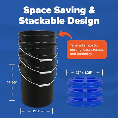 5 Gallon Bucket - Food Grade w/Lid BPA-Free, Black/Blue, 3 | Airtight Gamma Seal Screw-On Lid, Heavy-Duty 90 Mil HDPE Plastic, Food Safe and Durable Container, Bulk Storage, Made in USA - color: Black/Blue, size: 3 Packs