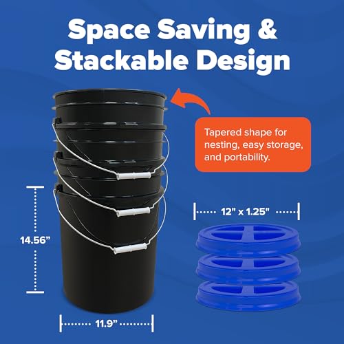 5 Gallon Bucket - Food Grade w/Lid BPA-Free, Black/Blue, 6 | Airtight Gamma Seal Screw-On Lid, Heavy-Duty 90 Mil HDPE Plastic, Food Safe and Durable Container, Bulk Storage, Made in USA - color: Black/Blue, size: 6 Packs