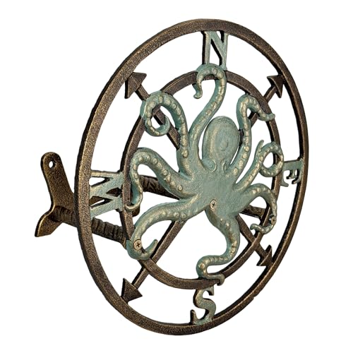 Zeckos Garden Hose Holder Octopus Compass 12 Inch Cast Iron Bronze | Verde Patina Detail, Nautical Compass Rose Motif, 5.5 Inch Deep, Matching Screws - color: Octopus Compass - Bronze