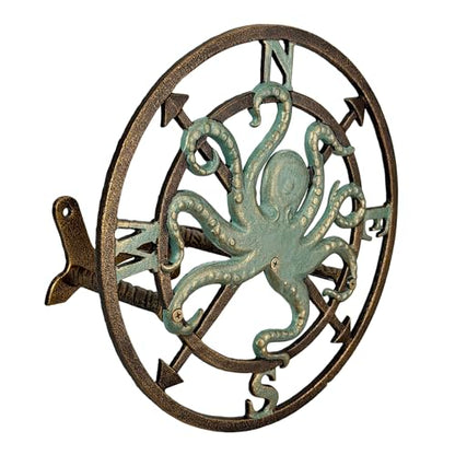 Zeckos Garden Hose Holder Octopus Compass 12 Inch Cast Iron Bronze | Verde Patina Detail, Nautical Compass Rose Motif, 5.5 Inch Deep, Matching Screws - color: Octopus Compass - Bronze