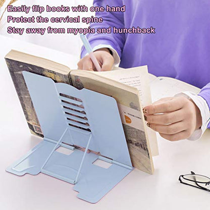 MSDADA Desk Book Stand Metal Reading Rest Book Holder Adjustable Cookbook Documents Holder Bookstands for Recipes Textbook Music Books, the First Day of School Gift for Students, Teachers (Light Blue) - color: Light Blue
