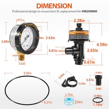 98209800 High Flow Manual Relief Valve/Air Relief Manual Valve Assembly with Pressure Gauge, Replacement for Pool and Spa Filter (98209800+87300400) - style: 98209800+87300400