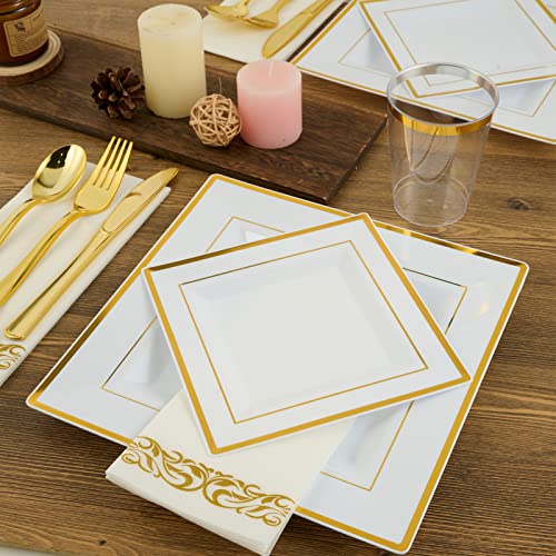 FOCUSLINE 175 Count Gold Dinnerware Set for 25 Guests - Square Plastic Plates with Gold Rim, Includes 25 Disposable Dinner & Dessert Plates, Napkins, Cups, Cutlery Set for Wedding Parties - color: Gold Rim Square Plates