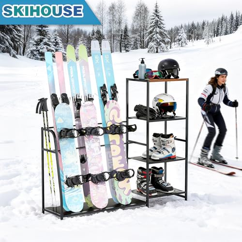 Ski-Snowboard Storage Rack Holder - Freestanding Ski Equipment Organizer Snowboard Boot Stand Garage Gear Storage - color: 3 Skis +3 Snowboards