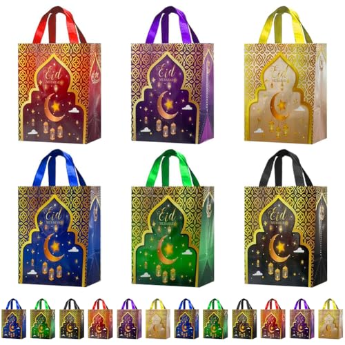 LAOREI 12 PCS Eid Mubarak Reusable Gift Bags-Ramadan Environmental Protection Party Bags Multifunctional Non-Woven Eid for Gifts Wrapping Ramadan Party Decorative shopping bag with Handles - color: 12pcs--Eid Mubarak