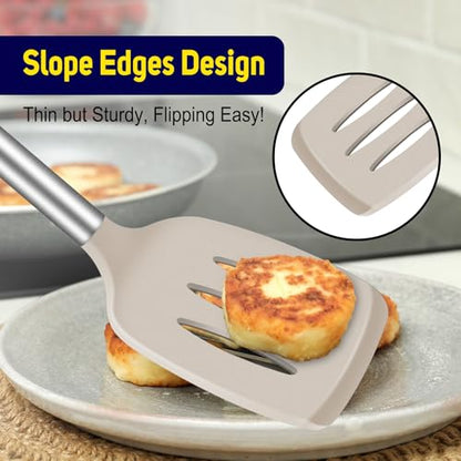 HOTEC Silicone Spatula Set of 2 Heat-Resistant 600°F & BPA-Free Kitchen SaptulaTurner with Stainless Steel Handles, Slotted & Solid Spatulas for Nonstick Cookware, 13.7 Inch, Khaki - color: Khaki