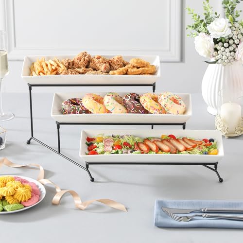 MALACASA 3 Tier Serving Tray, Porcelain Tiered Cupcake Stand, Ceramic Elevated Serving Platter with Collapsible Sturdier Rack,Series PLAT (White, 14 Inch) - color: White, size: 14 Inch