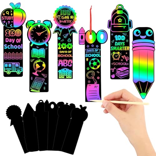 JUNEBRUSHS 30Pcs 100 Days of School Scratch Bookmarks, Rainbow Magic Scratch Paper Art for Kids 100 Days of School Craft for 100th Day of School Gifts Activities Project Party Favors - style: 100 Days of School Style