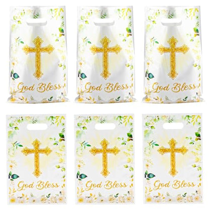 LERCTH 30 PCS God Bless Gift Bags, 6.5x9.8inches Cross & Floral Design Plastic Treat Bags with Handles, Religious Party Favor Bags for Baptism, First Communion, Confirmation & Christian Celebration Supplies - color: God bless gift bags 30 packs