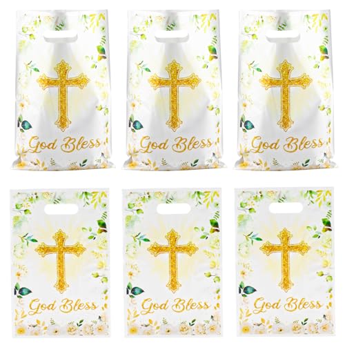 LERCTH 30 PCS God Bless Gift Bags, 6.5x9.8inches Cross & Floral Design Plastic Treat Bags with Handles, Religious Party Favor Bags for Baptism, First Communion, Confirmation & Christian Celebration Supplies - color: God bless gift bags 30 packs