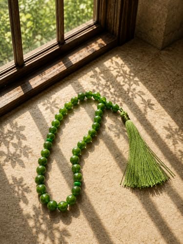 Real Stone Tasbih Prayer Beads 33 Beads – Green Islamic Misbaha Subha – Muslim Prayer Beads for Eid Ramadan Hajj Umrah