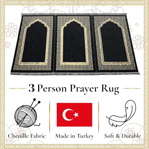 Muslim Thin Chenille Islamic Prayer Mat - Selcuk Star 3 Person (Black) - color: Black