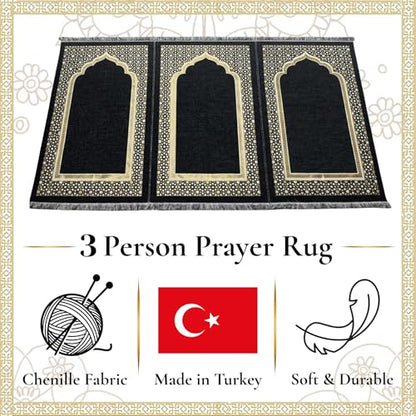 Muslim Thin Chenille Islamic Prayer Mat - Selcuk Star 3 Person (Black) - color: Black