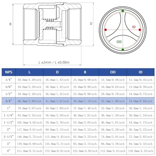 3/4" NPT Stainless Steel Spring Check Valve, WOG1000 NPT Thread unleaded In-Line Vertical Check Valve Non Return One Way Counterflow to Prevent the Medium Backflow for Oil Water Gas Air DN20 - size: 3/4"-NPT