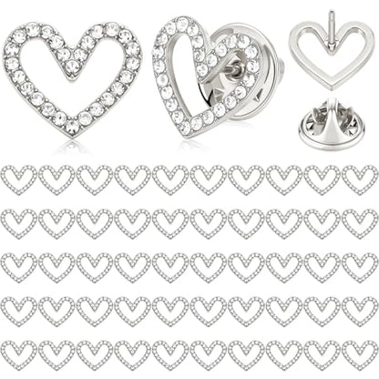 Tondiamo 50 Pcs Heart Brooch Pins, 1.5cm Rhinestone Heart Lapel Pins Small Hollow Crystal Brooches for Award Alloy Scarf Ring for Dress Hat Scarf Bag Pocket Clothing Wedding Party Bulk Gifts - color: Sliver