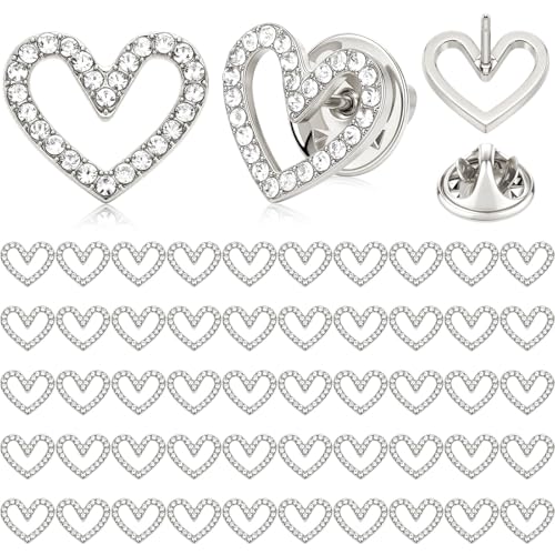 Tondiamo 50 Pcs Heart Brooch Pins, 1.5cm Rhinestone Heart Lapel Pins Small Hollow Crystal Brooches for Award Alloy Scarf Ring for Dress Hat Scarf Bag Pocket Clothing Wedding Party Bulk Gifts - color: Sliver