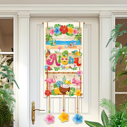 DPKOW Aloha Door Banner Hawaiian Party Decorations, 33.5"x13" Fabric Aloha Hawaii Door Sign Banner Luau Tropical Party Decorations Hawaiian Welcome Porch Sign Decor Indoor Outdoor - color: Hawaiian