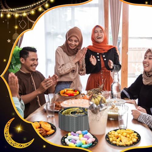 SiliFine 100 Pcs Eid Al Adha Islamic Ramadan Party Decorations Supplies Eid Adha Muslim Paper Plate Bulk 7 Inch Disposable Dessert Plate Mubarak Dinner Tableware Decoration(Black and Gold)