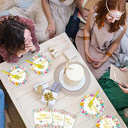 Tevxj 96 Pieces Happy Birthday Party Plates Napkins Boho Decorations Gold Metallic Tableware for Boys and Girls Happy Birthday Dessert Plates Napkins Forks for 24 Guests Party Supplies Favor - style: Boho Happy Birthday
